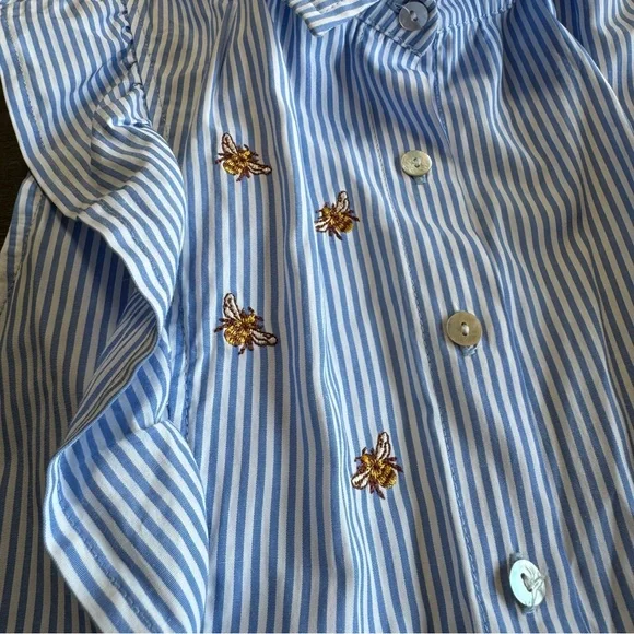 Bee Embroidered Sleeveless Button Down Blouse Ruffle Blue White Sybilla S - Picture 3 of 9